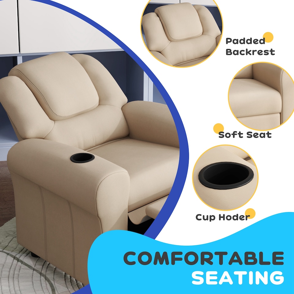 image 1 of HOMCOM Kids Recliner Chair w/ Cup Holder, PU Leather Children Lounger, Beige