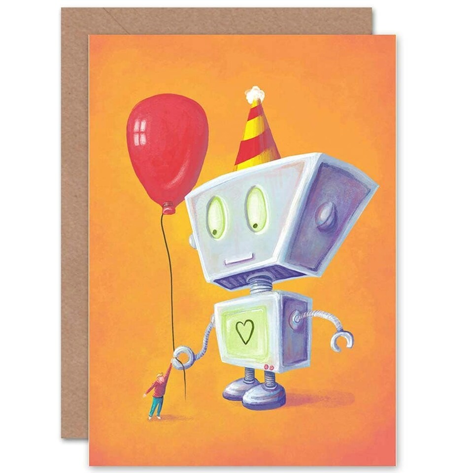 image 1 of Cute Robot  Party Hat And Balloon Boy  Kids Birthday Greeting Card