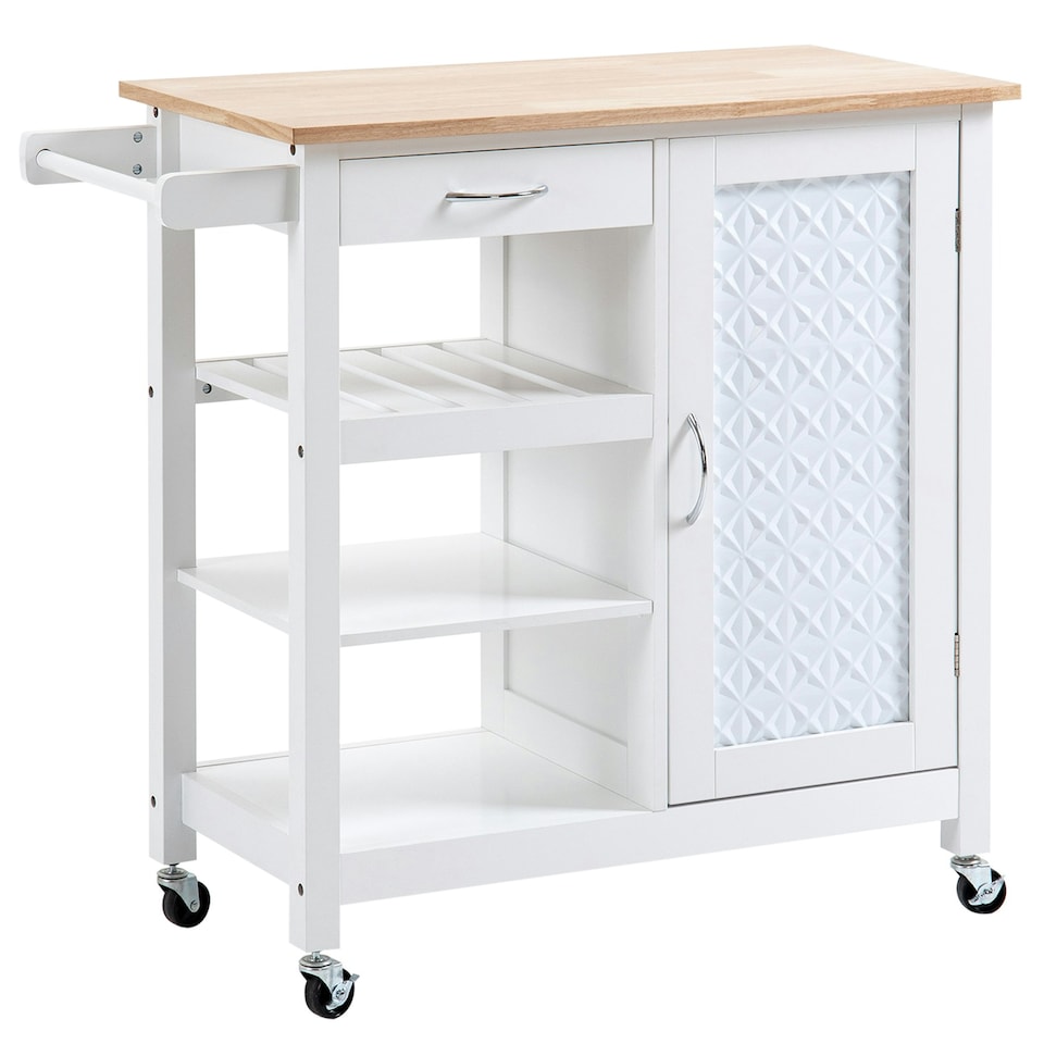 image 1 of HOMCOM Kitchen Cart on Wheels Trolley with Embossed Door Panel, Drawer, White