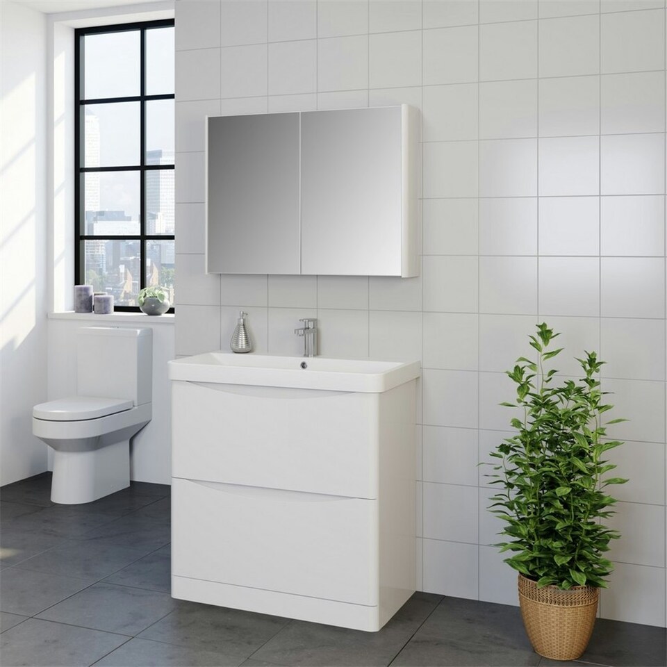 image 1 of Bathroom Floor Standing 2 Door Cloakroom Unit and Ceramic Basin 500mm Wide - Gloss White - (Arch) - Brassware Not Included | White | White | 1