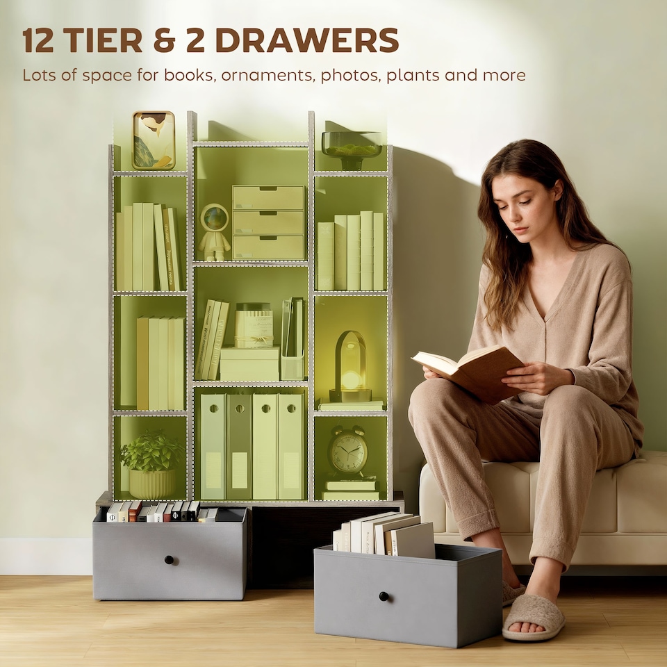 image 1 of HOMCOM Tree Bookshelf, 12-Tier Floor Standing Bookcase with 2 Foldable Drawers, Freestanding Book Shelf Storage Display Shelving Unit for Living Room, Home Office, Bedroom, Graphite Wood Effect