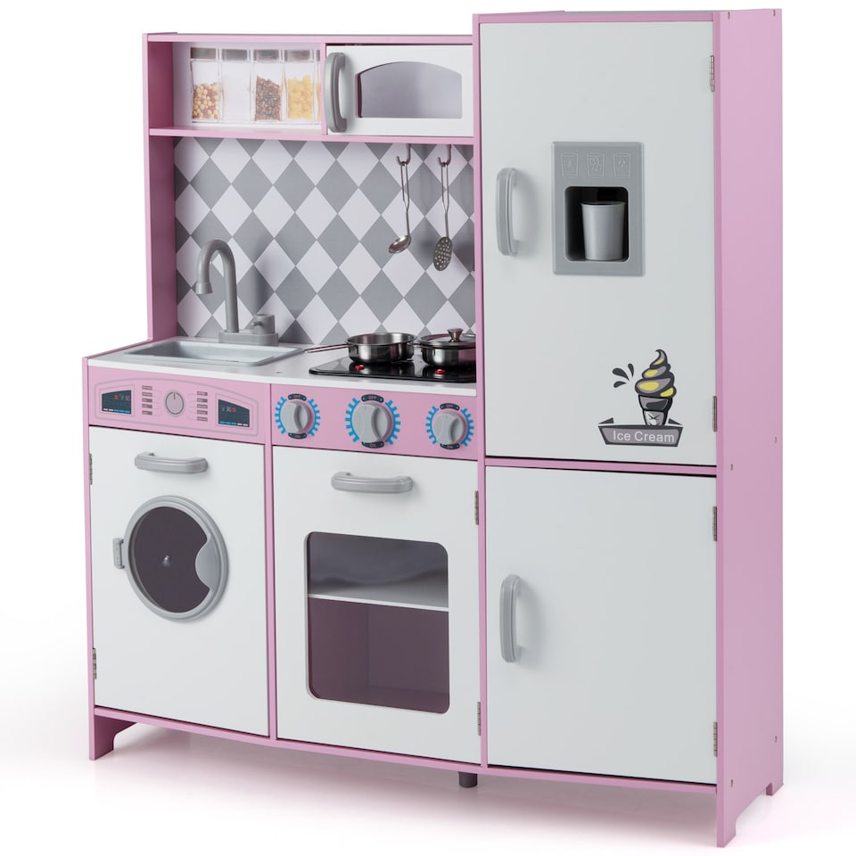 image 1 of COSTWAY Pretend Play Kitchen Kids Wooden Toy Set Kitchen Accessory Playset Pink