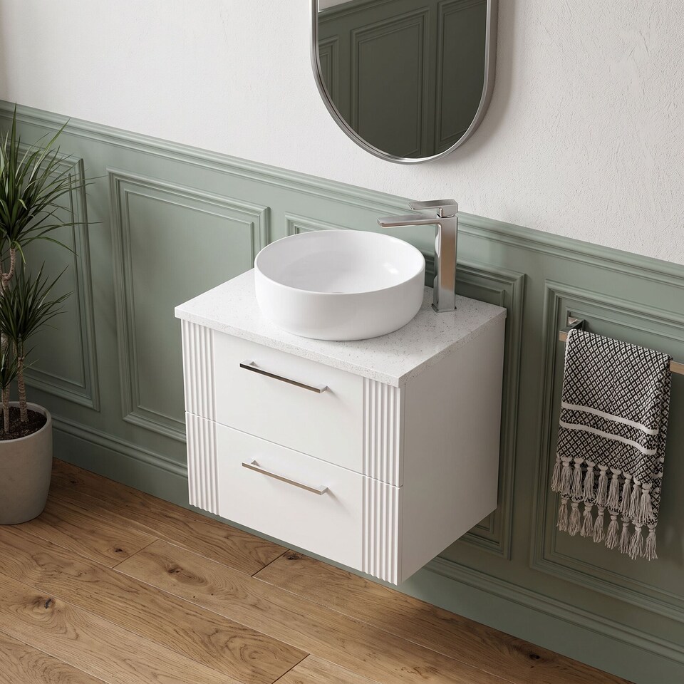 image 1 of Balterley Partial Fluted 2 Drawer Wall Hung Vanity Unit with Sparkling Laminate Worktop | White | Satin White