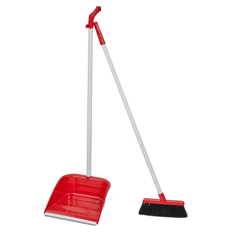 image 1 of Long Handled Upright Indoor Plastic Dustpan & Floor Brush Sweeper Cleaning Set | Red | Red