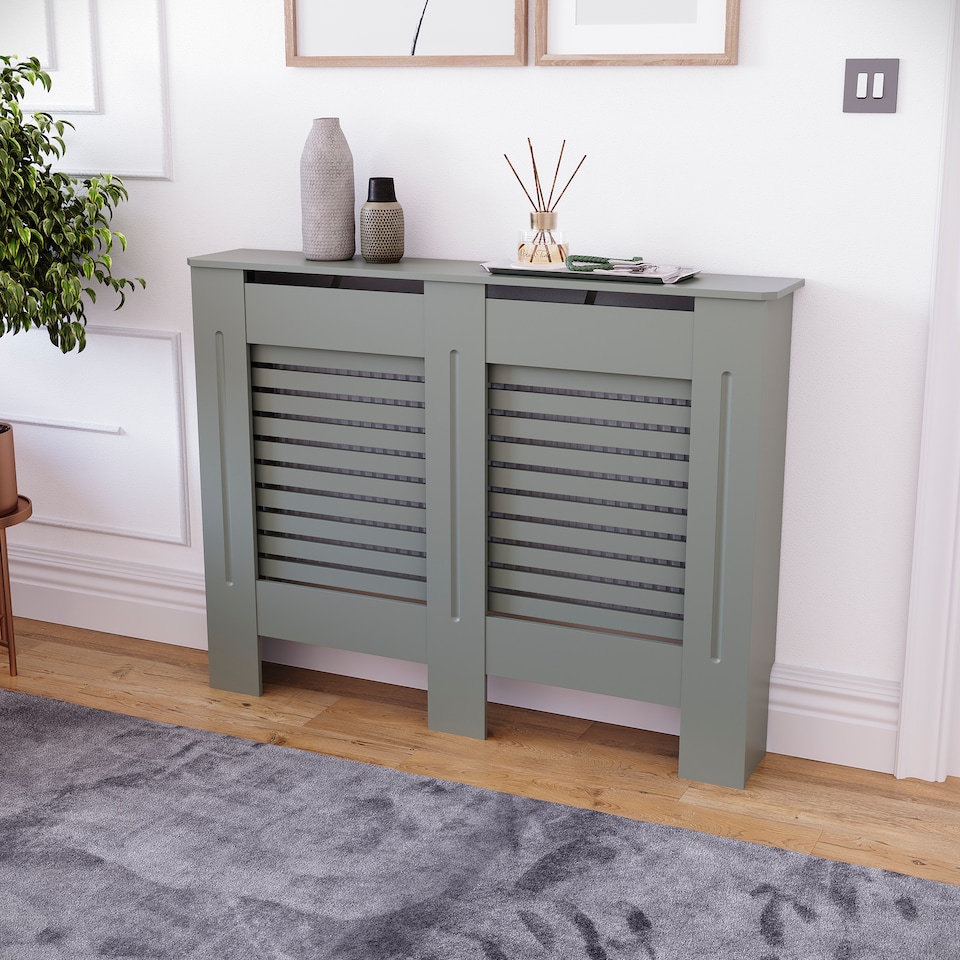 image 1 of Vida Designs Milton Radiator Cover Painted MDF Slatted Cabinet, Grey, 111cm