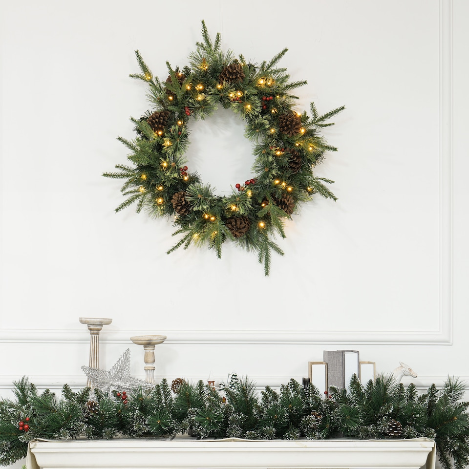 image 1 of HOMCOM 60cm Christmas Wreath with LED Lights Pine Cones Red Berries Green