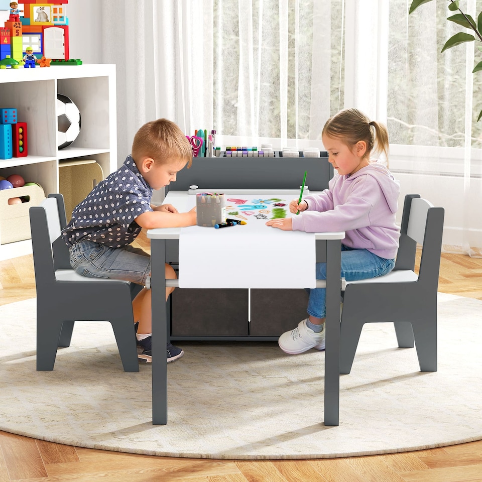 image 1 of COSTWAY Kids Art Table and Chairs Set with 2 Chairs Grey