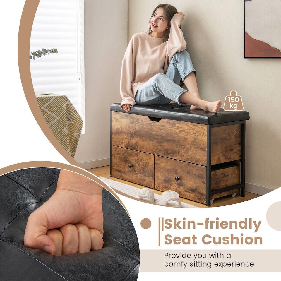 image 1 of COSTWAY Storage Ottoman Bench Flip Top Storage Chest with 2 Drawers Wooden Storage Bench