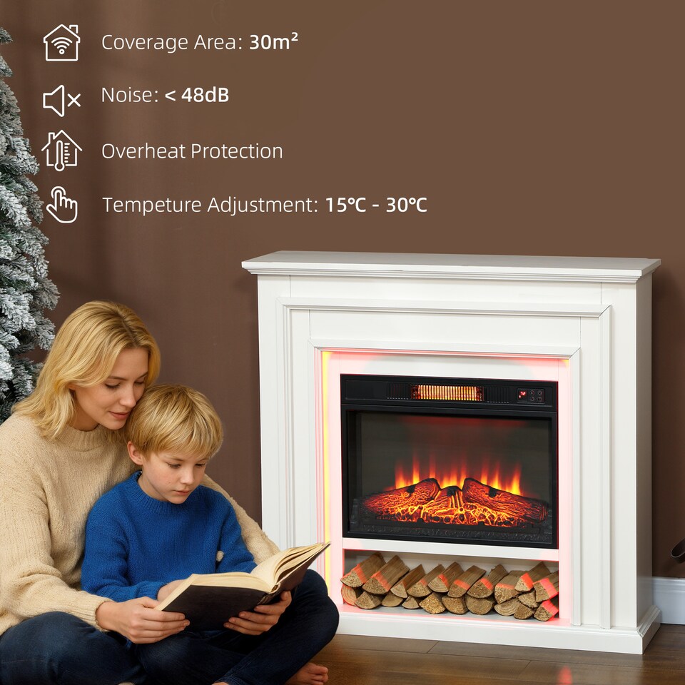 image 1 of HOMCOM 1800W Inset Electric Fireplace and Mantel Reach up to 30, White