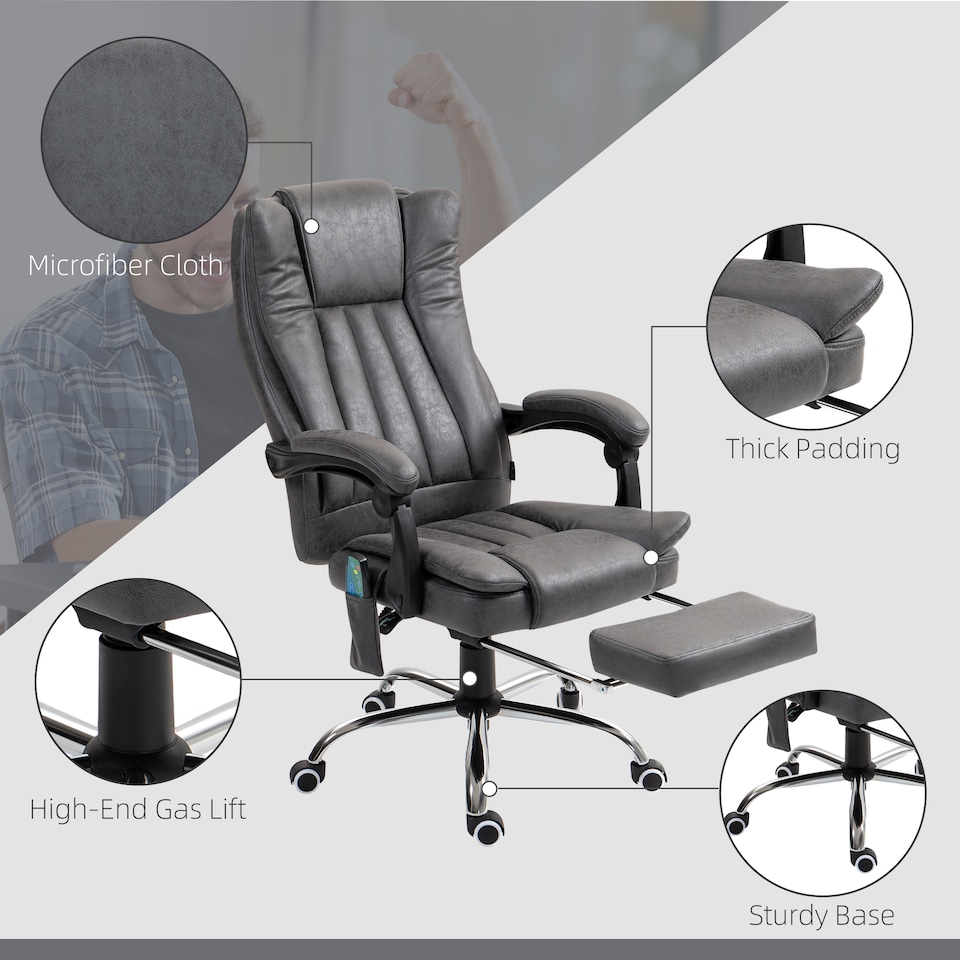 image 1 of Vinsetto Office Chair with Massage and Heat, Microfibre Reclining Computer Desk Chair with Footrest and Adjustable Height, Swivel Wheels for Home Office, Charcoal Grey