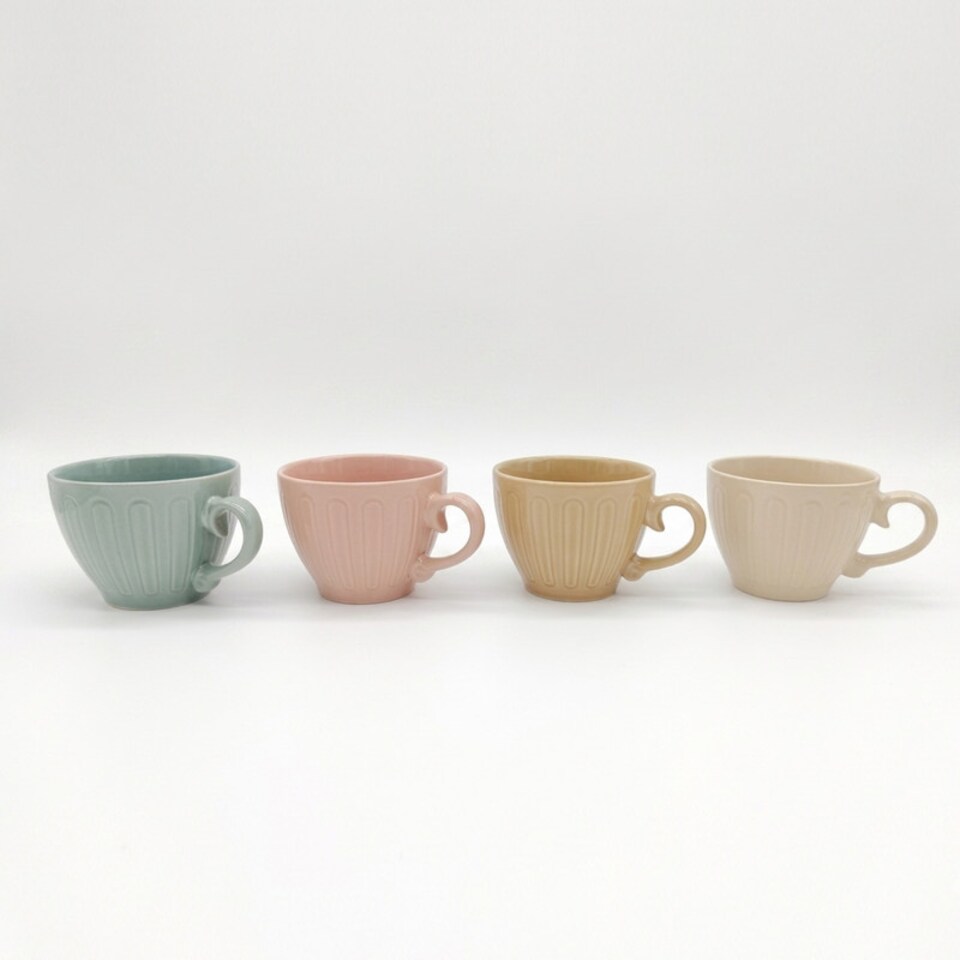 image 1 of Ceramic Coffee Mugs 4pc Set 15oz Large Tea Cups Assorted Colours Scrolled Handle