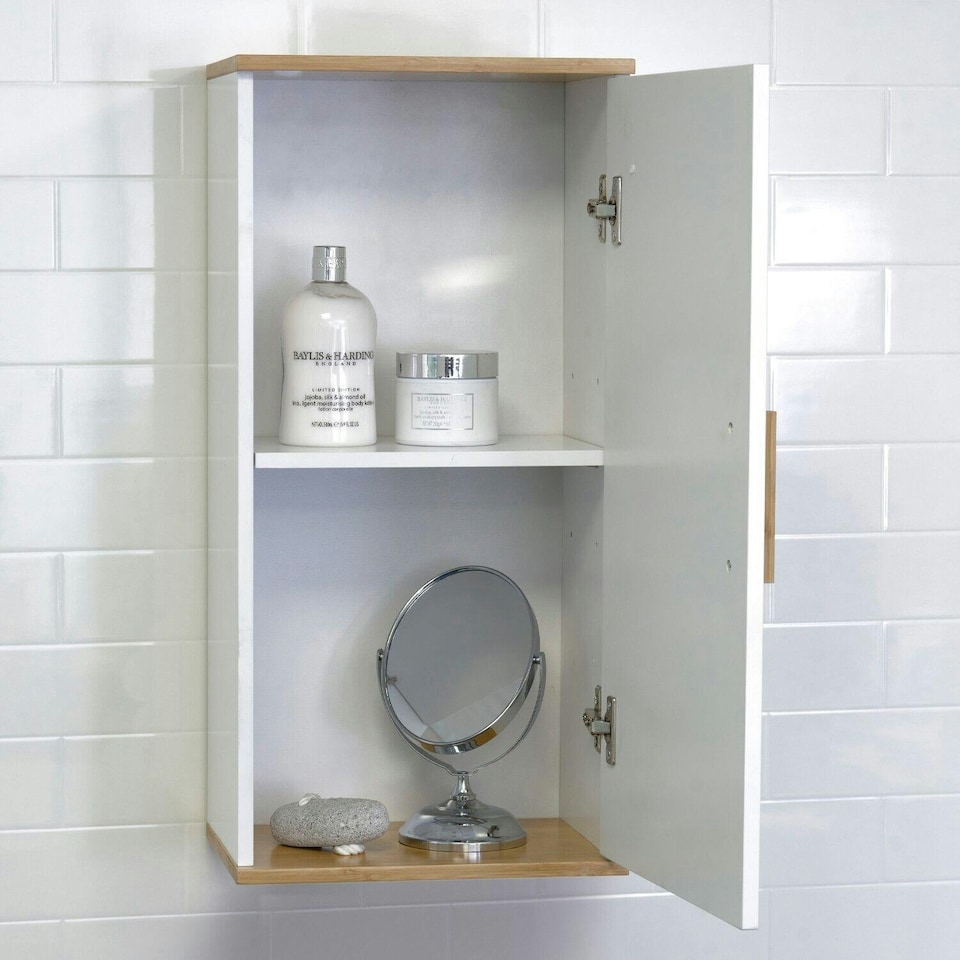 image 1 of Showerdrape Nola Matt White & Bamboo Single Wall Bathroom Cabinet