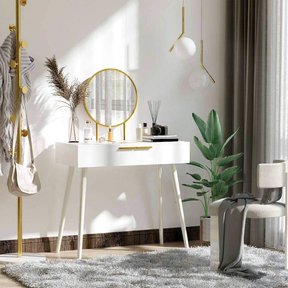 image 1 of HOMCOM Modern Dressing Table w/ 2 Drawers Round Mirror for Bedroom White