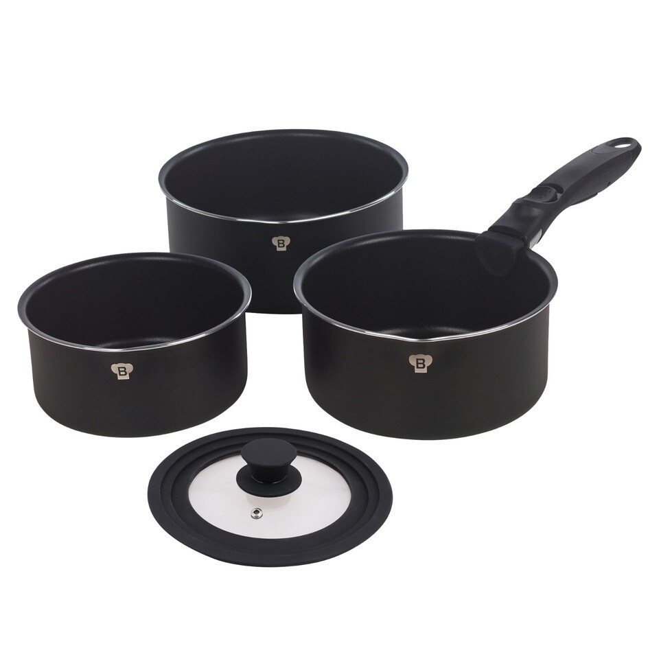 image 1 of Aluminium Induction Stackable Space Saving Pots Frying Pan Set Detachable Handle | Black | Matt Black- 4 Pcs Saucepans with Lid