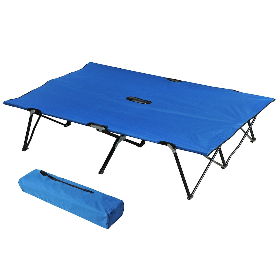 image 1 of Outsunny Double Camping Folding Cot Outdoor Portable Sleeping Bed, Blue