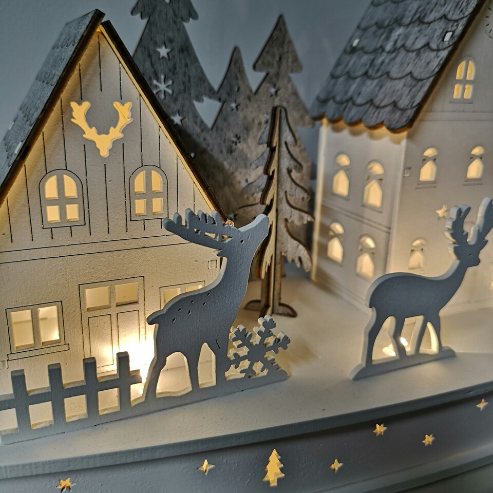 image 1 of 44cm Battery Light Up Warm White Christmas Winter Wooden Village with Reindeer Scene