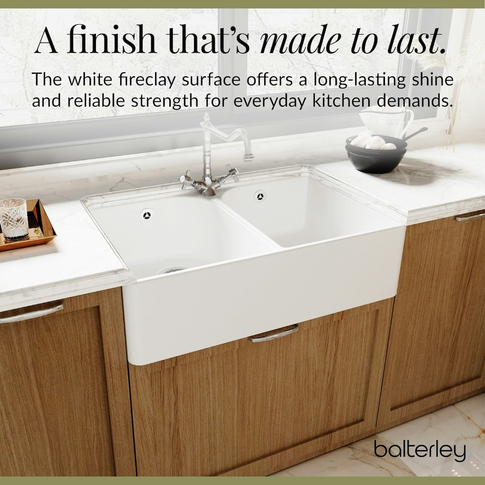 image 1 of Fireclay Double Bowl Butler Kitchen Sink - 795mm with Tap Hole, Weir & Waste - Ceramic Belfast Style Kitchen Sink