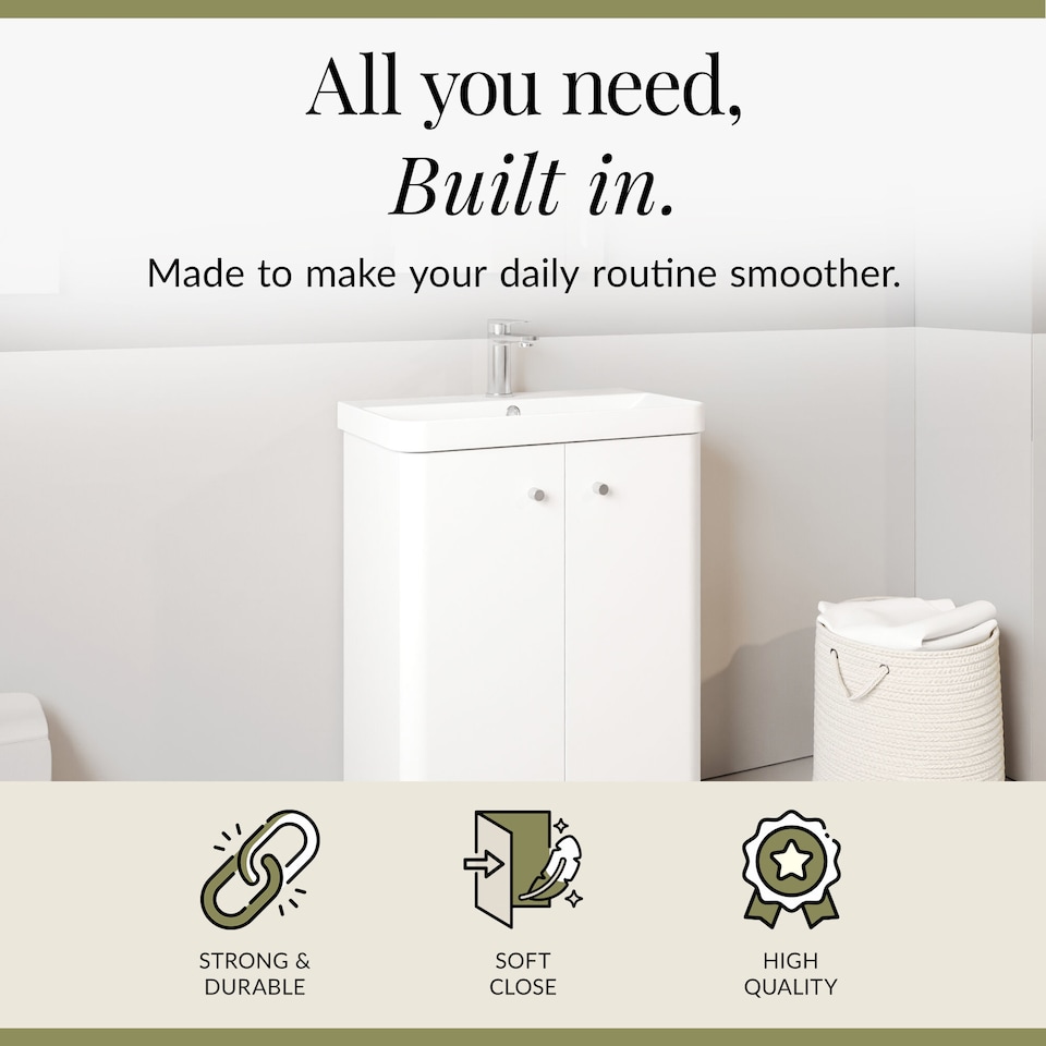 image 1 of Modern Bathroom Floor Standing 2 Door Vanity Unit Basin, White, 605mm | White | Gloss White | 355 x 605 x 864mm