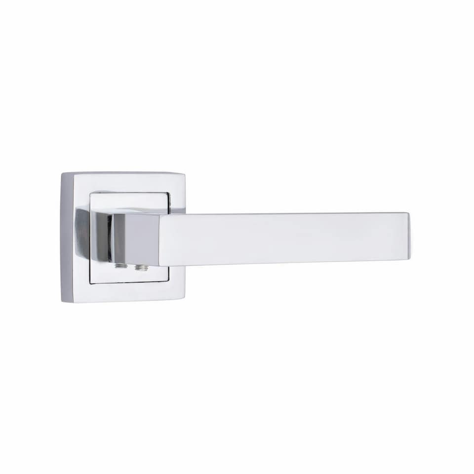 image 1 of Golden Grace 4 Pairs Premium Delta Design Door Handles on Square Rose in Polished Chrome with 2.5" Latch and 1 Pair of Ball Bearing Hinges Chrome