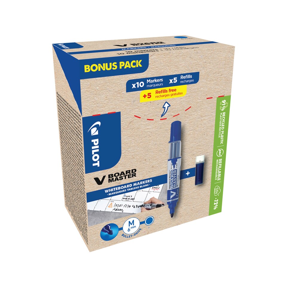 image 1 of Pilot V-Board Master Drywipe 10 Markers + 10 Refills Bullet Tip Blue (Pack of 20) WLT556282