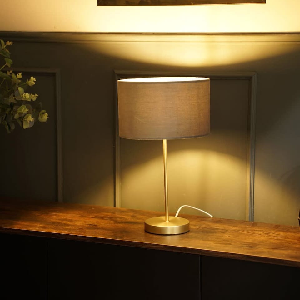 image 1 of ValueLights Charlie Gold Table Lamp Grey Velvet Shade and Bulb