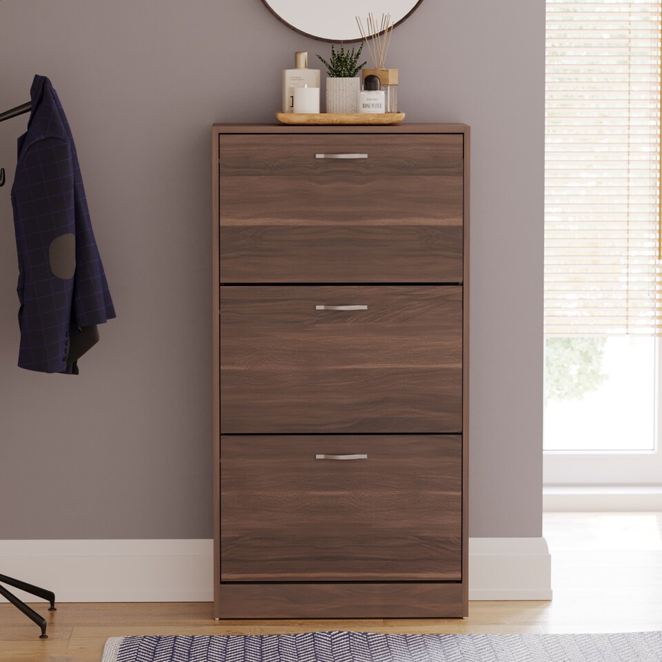 image 1 of Vida Designs 3 Drawer Shoe Cabinet Shoe Rack Storage Cupboard, Walnut