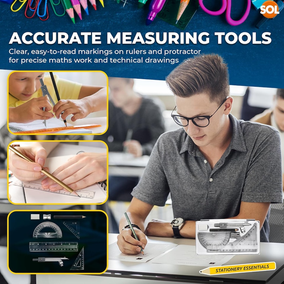 image 1 of 8pc Geometry Set for Secondary School – Complete Maths Kit with Ruler, Protractor, Compass, Pencil & Eraser, Ideal for Students