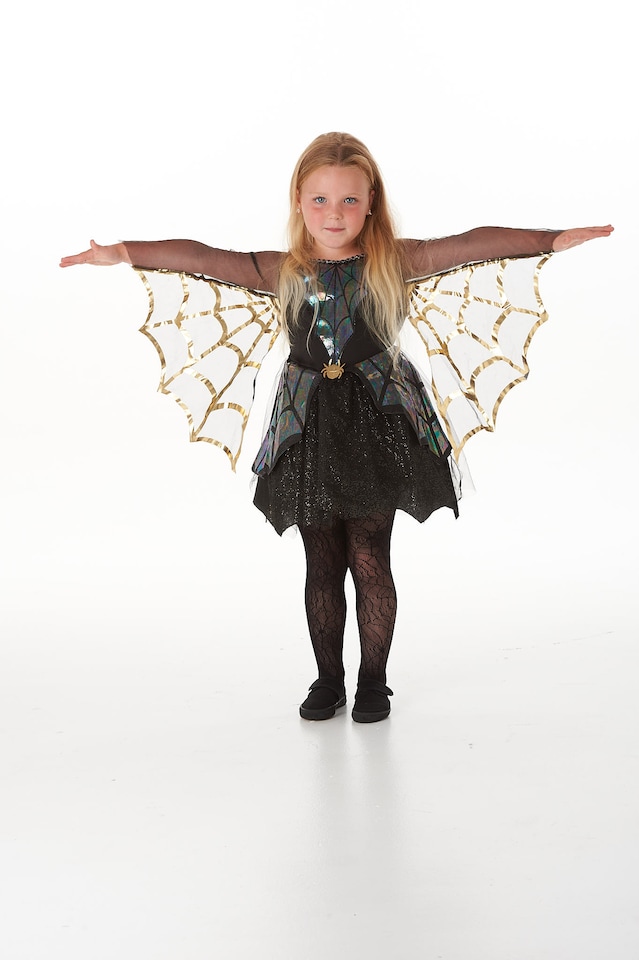 image 1 of Girls Shimmering Spider Costume + Tights Halloween Fancy Dress Scary Kids Childs (4-6 Years)