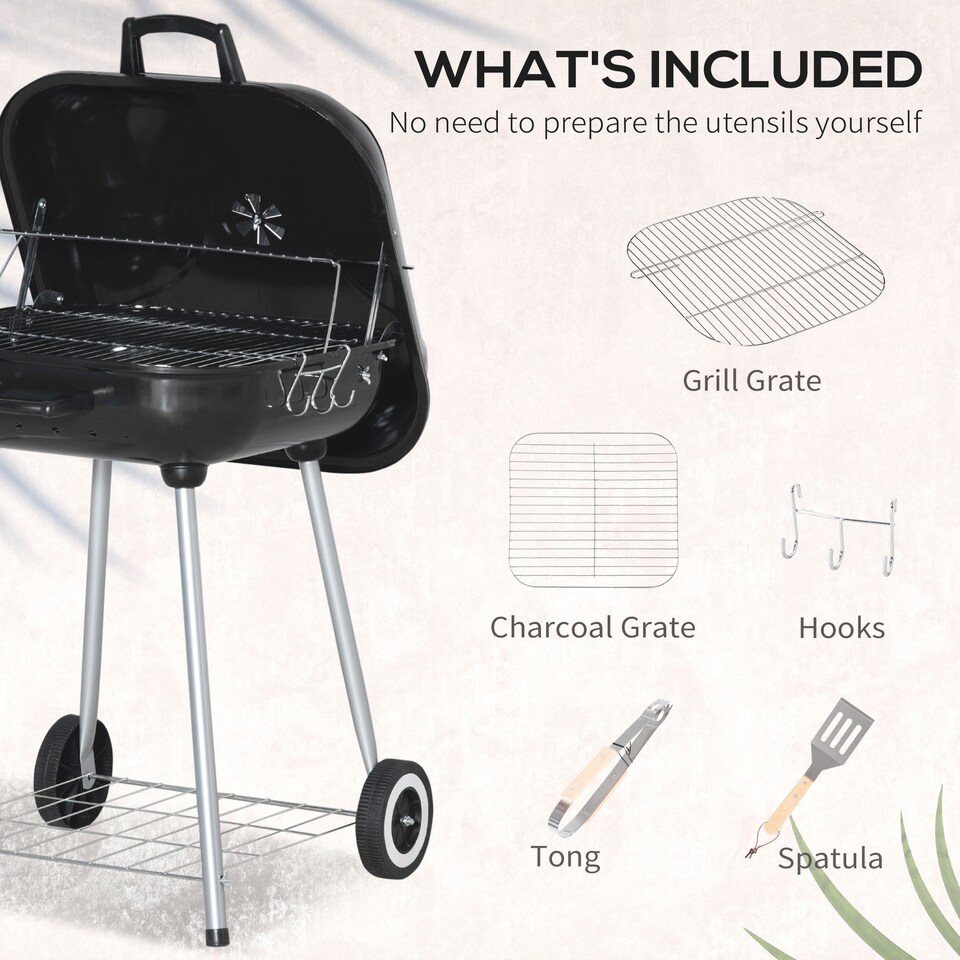 image 1 of Outsunny BBQ Charcoal Smoker Grill Trolley with 2 Wheels and Grilling Utensils