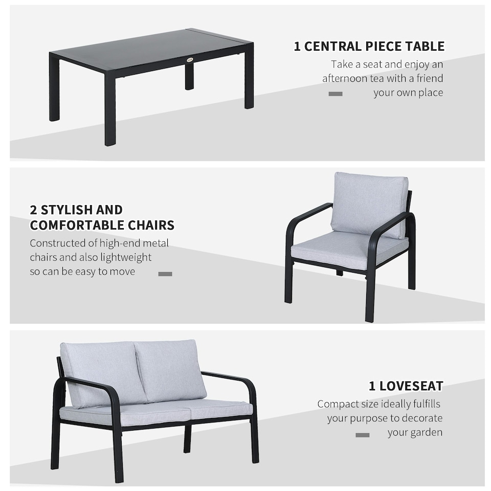 image 1 of Outsunny 4pcs Garden Sectional Loveseat Chairs Table Furniture w/ Cushion, Black