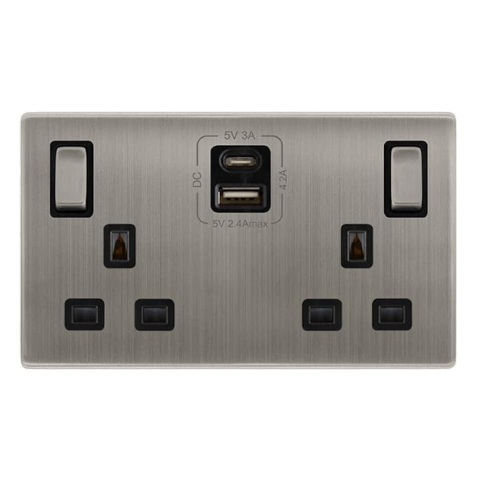 SE HOME Stainless Steel Screwless Plate 2 Gang 13A DP Ingot Type A & C USB Twin Double Switched Plug Socket - Black Trim - SE Home Black | Stainless Steel