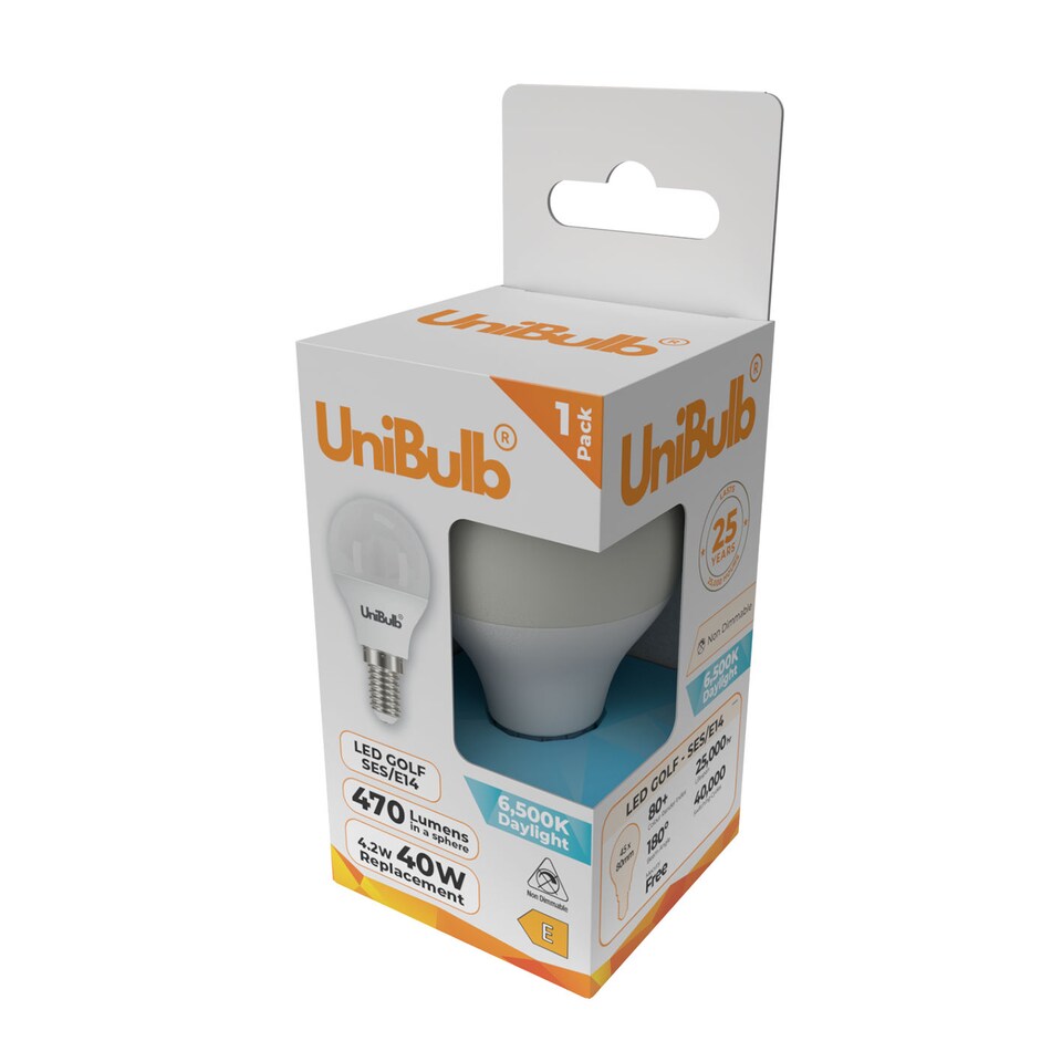 image 1 of UniBulb LED Golf Ball E14 Small Edison Screw (SES) 470lm 4.2W (Replaces 40W) 6500K (Daylight) Light Bulb - Pack of 3