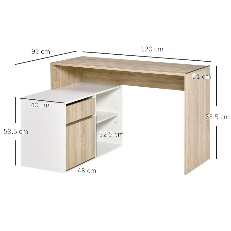 image 1 of HOMCOM L-Shaped Desk, Corner Computer Desk with Storage Drawer, Adjustable Shelf, Cabinet for Home Office and Study, 120 x 92 x 75cm, Oak and White