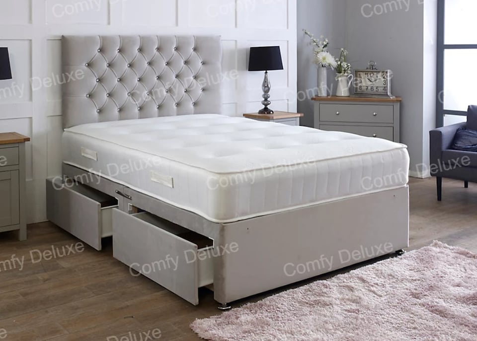 4ft Small Double Silver Plush Velvet Divan Bed With Headboard & Memory Sprung Mattress 2 Drawers One Each Side