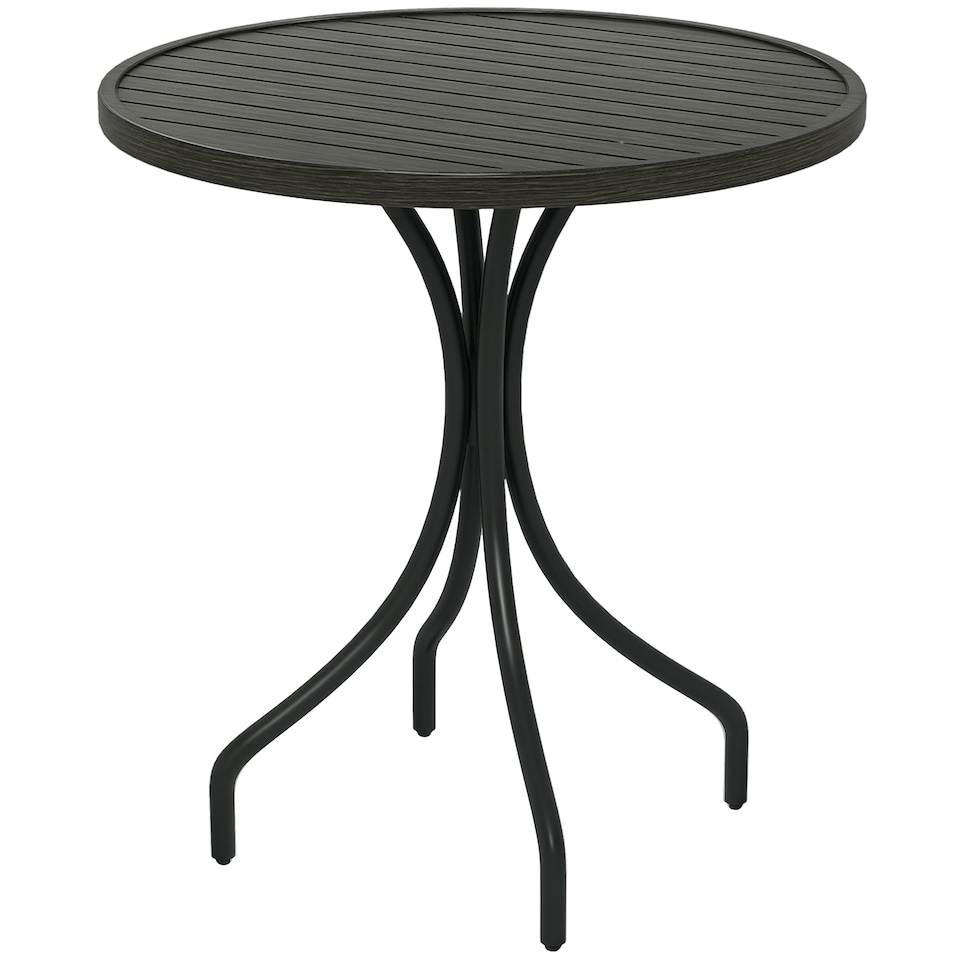 image 1 of Outsunny 66cm Diameter Garden Side Table, Round Bistro Coffee Table, Outdoor Patio Table with Steel Frame and Slat Tabletop for Balcony and Porch, Grey Wood Grain | Grey | Grey Wood Grain