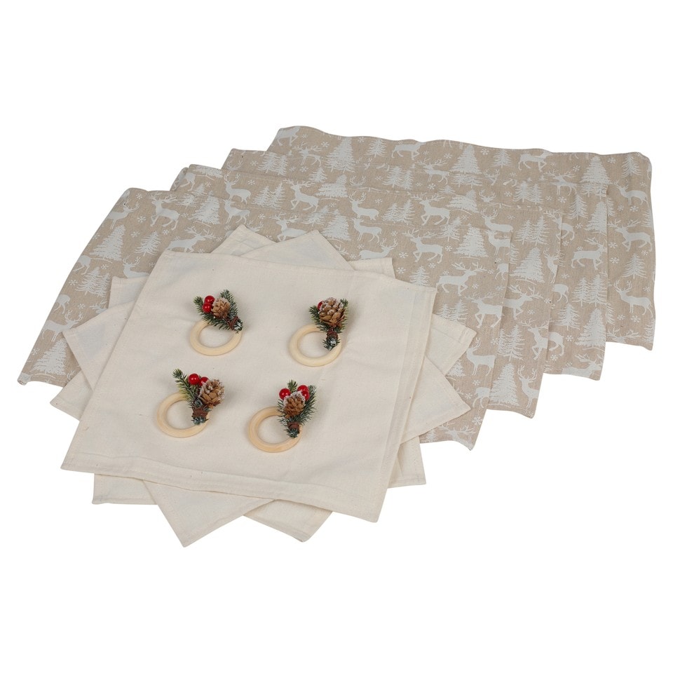 image 1 of 12 Pcs Washable Christmas Placemat & Napkin Ring Set Festive Acorn Berries Decor | Multi | White Reindeer