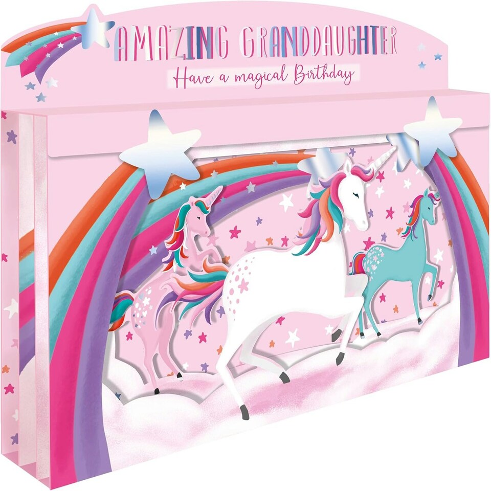 image 1 of Spectacular 3D Unicorn & Rainbows Granddaughter Birthday Card