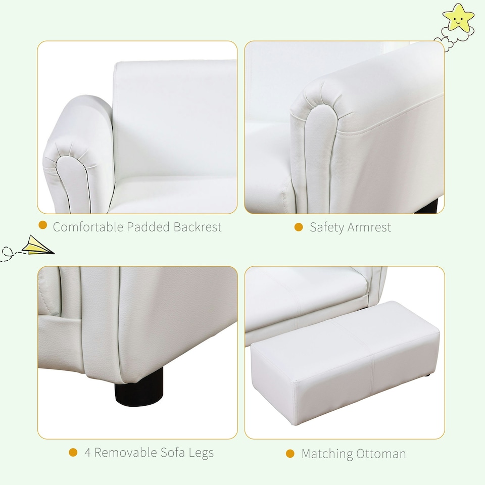 image 1 of HOMCOM Kids Sofa Set 2 Seater Armchair with Footrest for 18-36 Months, White 