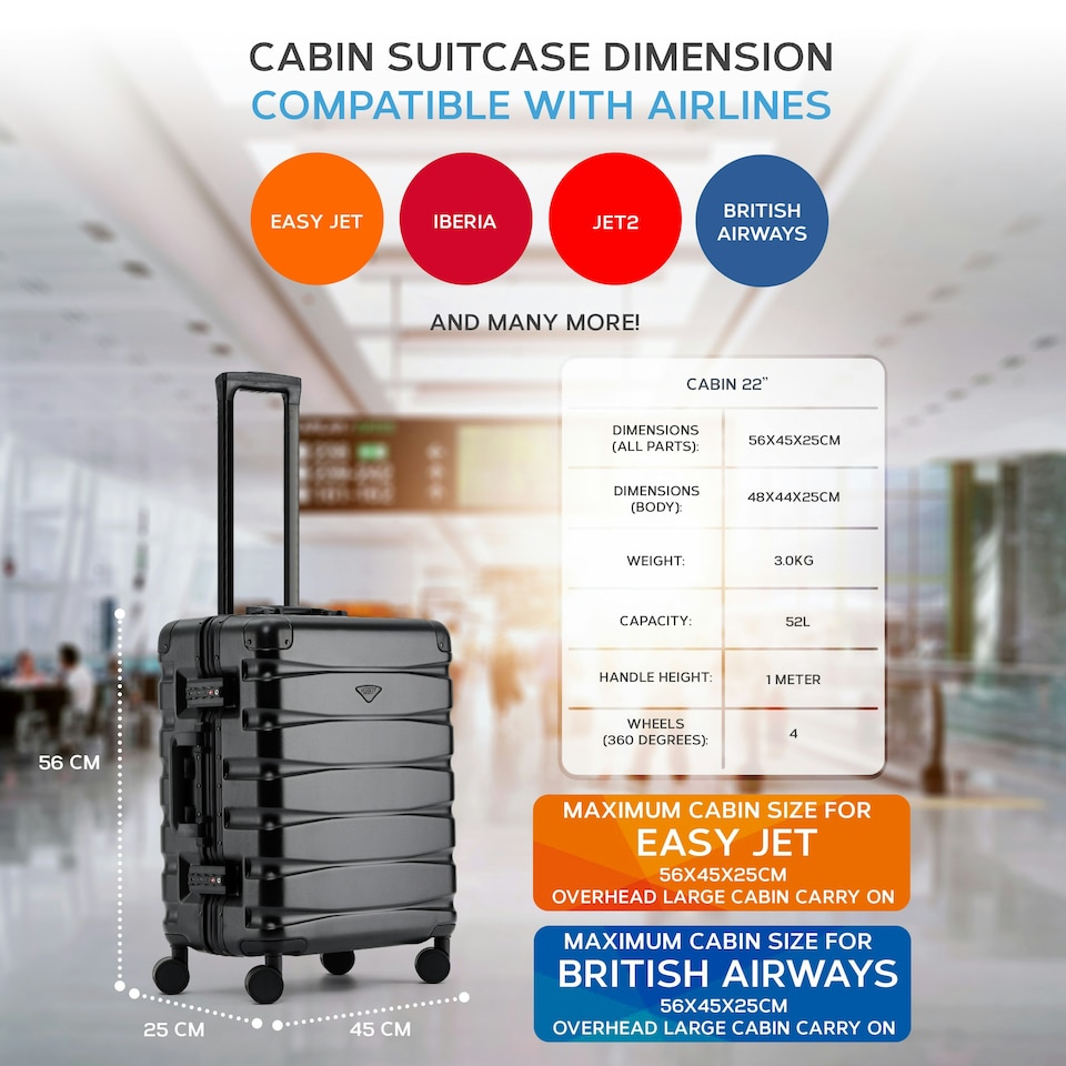 image 1 of Flight Knight Premium Travel Suitcase - 8 Wheels Built-in TSA Lock Aluminium Frame, ABS Hard Shell Carry on Check in Luggage - 100+ Airlines Approved Black | Black Mono | Cabin Bag