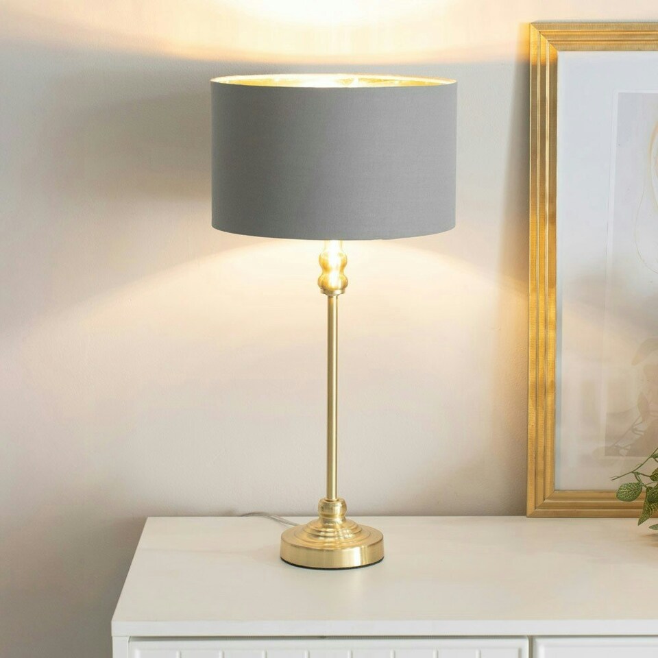 image 1 of ValueLights Maggie Gold Candlestick Table Lamp with Grey with Gold Inner Lamp Shade Gold