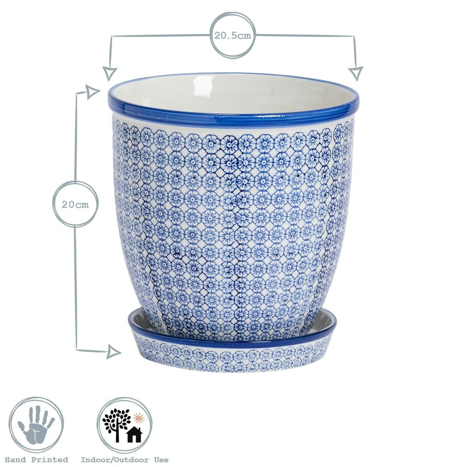 image 1 of Nicola Spring Hand-Printed Plant Pot with Saucer - 20.5cm - Orange