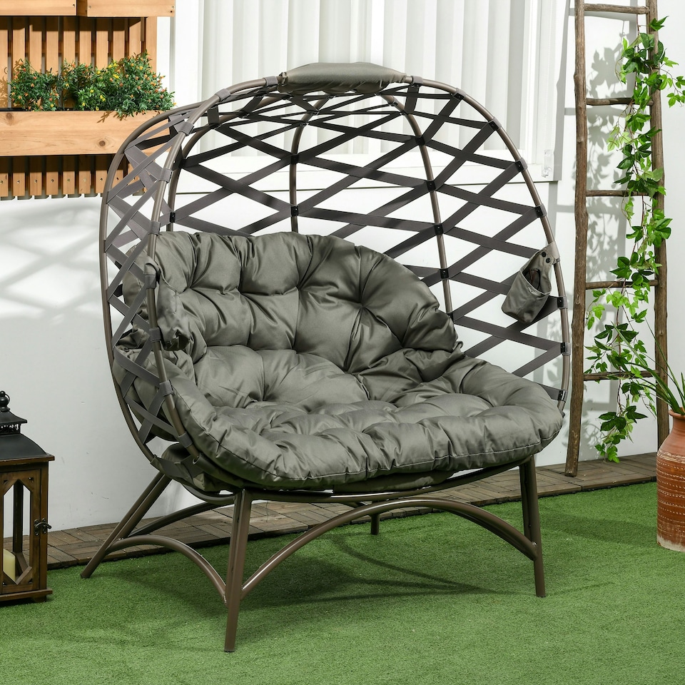 image 1 of Outsunny 2 Seater Egg Chair Outdoor with Cushion, Cup Pockets Brown