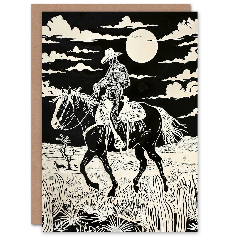 image 1 of Midnight Cowboy Black White Western Desert Birthday Card