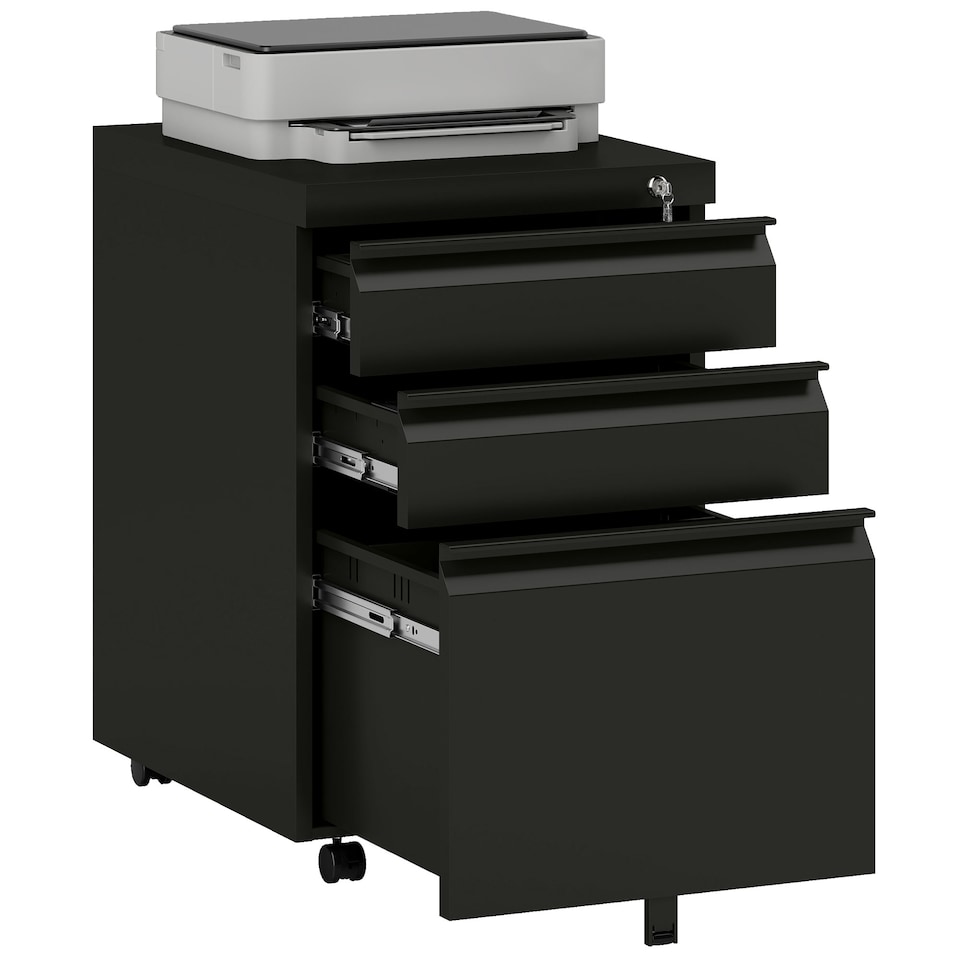 image 1 of Vinsetto 3-Drawer Filing Cabinet, Mobile Metal File Cabinet with Lock and 5 Wheels for A4 Legal Letter Sized Hanging File Folders, Under Desk Drawers, Pre-Assembled Body, 39 x 48 x 60 cm, Black