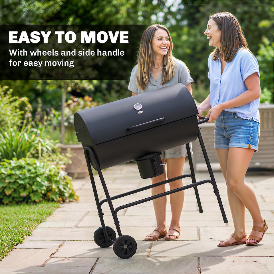 image 1 of Outsunny Barrel Charcoal Barbecue BBQ Grill Trolley W/ Ash Catcher Thermometer | Black | Black
