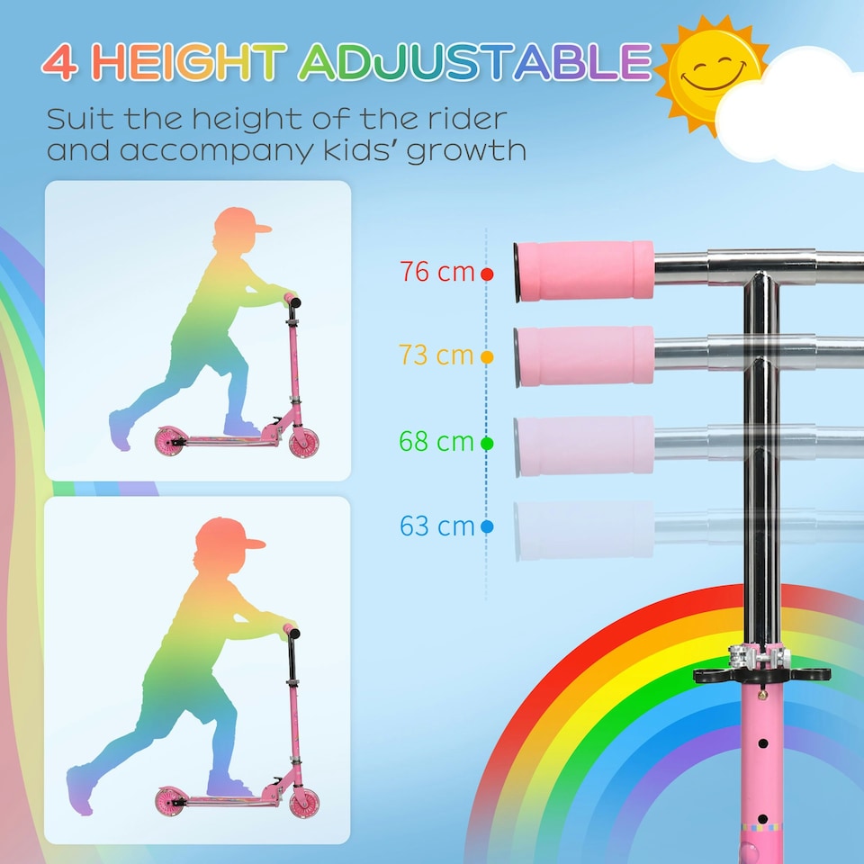 image 1 of HOMCOM Kids Scooter 2 Wheels W/ Lights Music Adjustable Height Foldable - Pink