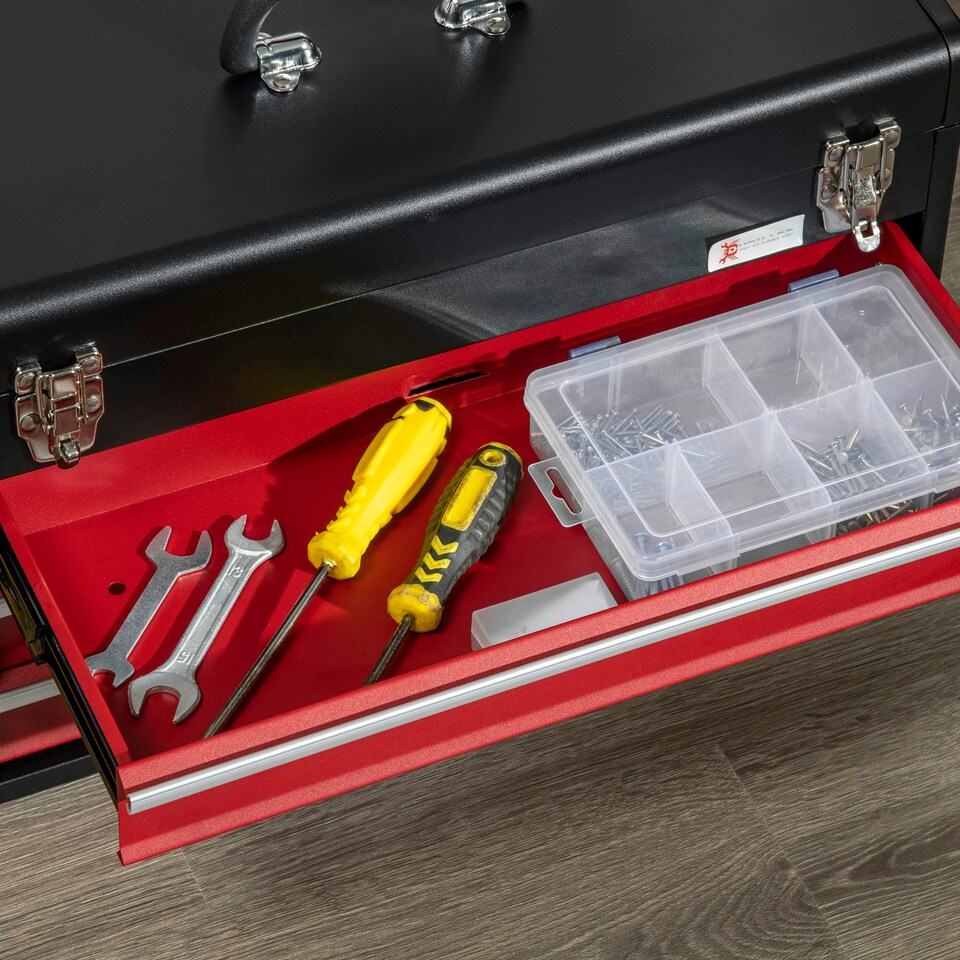 image 1 of DURHAND Lockable 3 Drawer Tool Chest with Ball Bearing Slide Drawers Black | Black | Red | 51cm x 22cm x 32cm | 1
