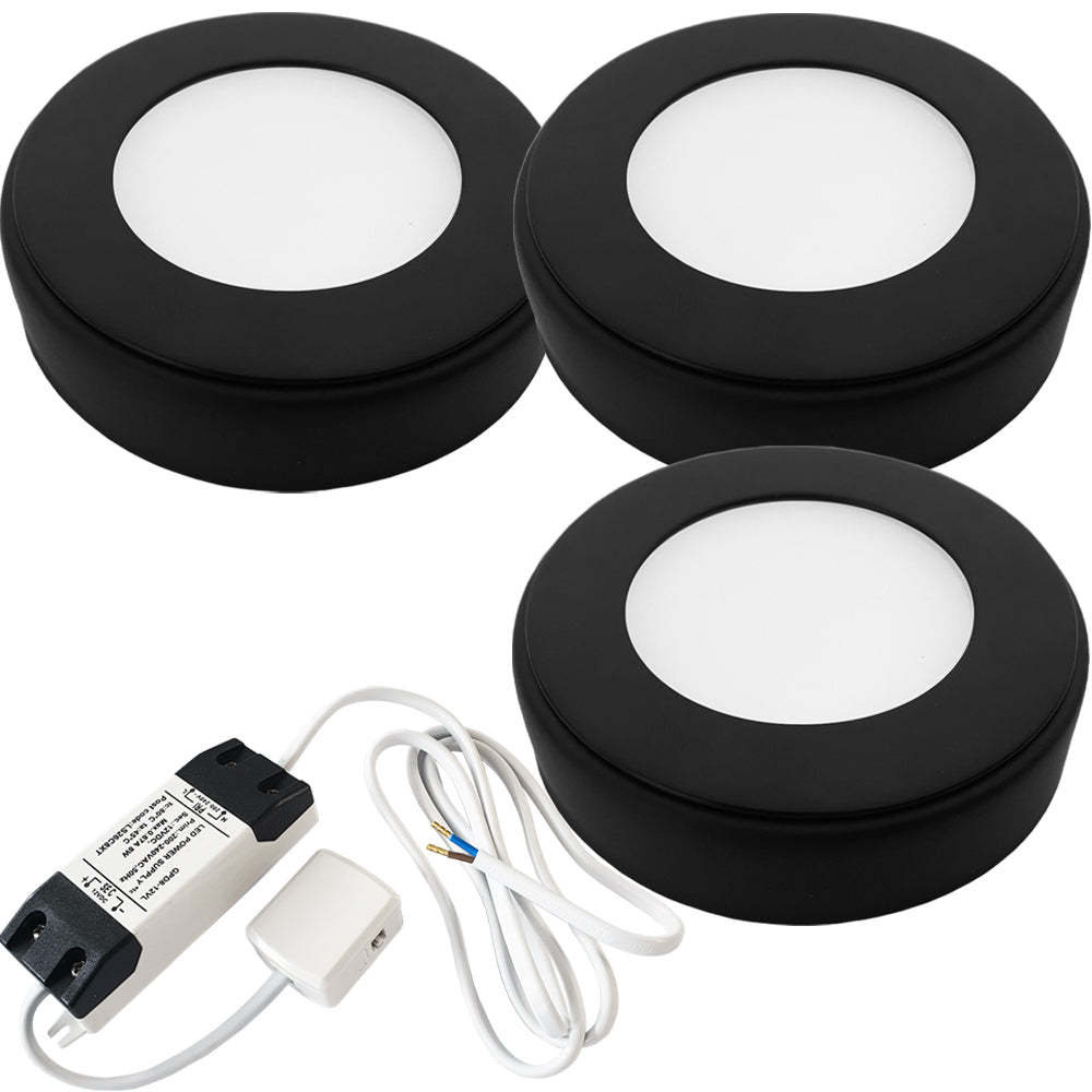 Loops 3x MATT BLACK Round Surface or Flush Under Cabinet Kitchen Light & Driver Kit - Natural White LED