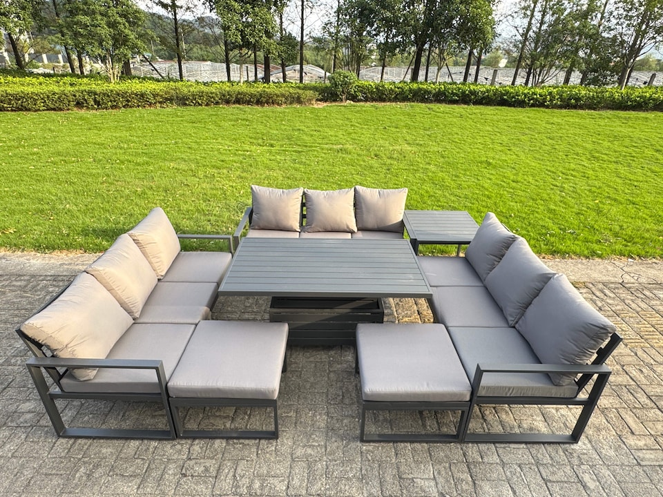 image 1 of Fimous Aluminum Outdoor Patio Furniture Set Modern Patio Conversation Sets with Adjustable Rising Lifting Dining Table Big Footstool Side Table Dark Grey