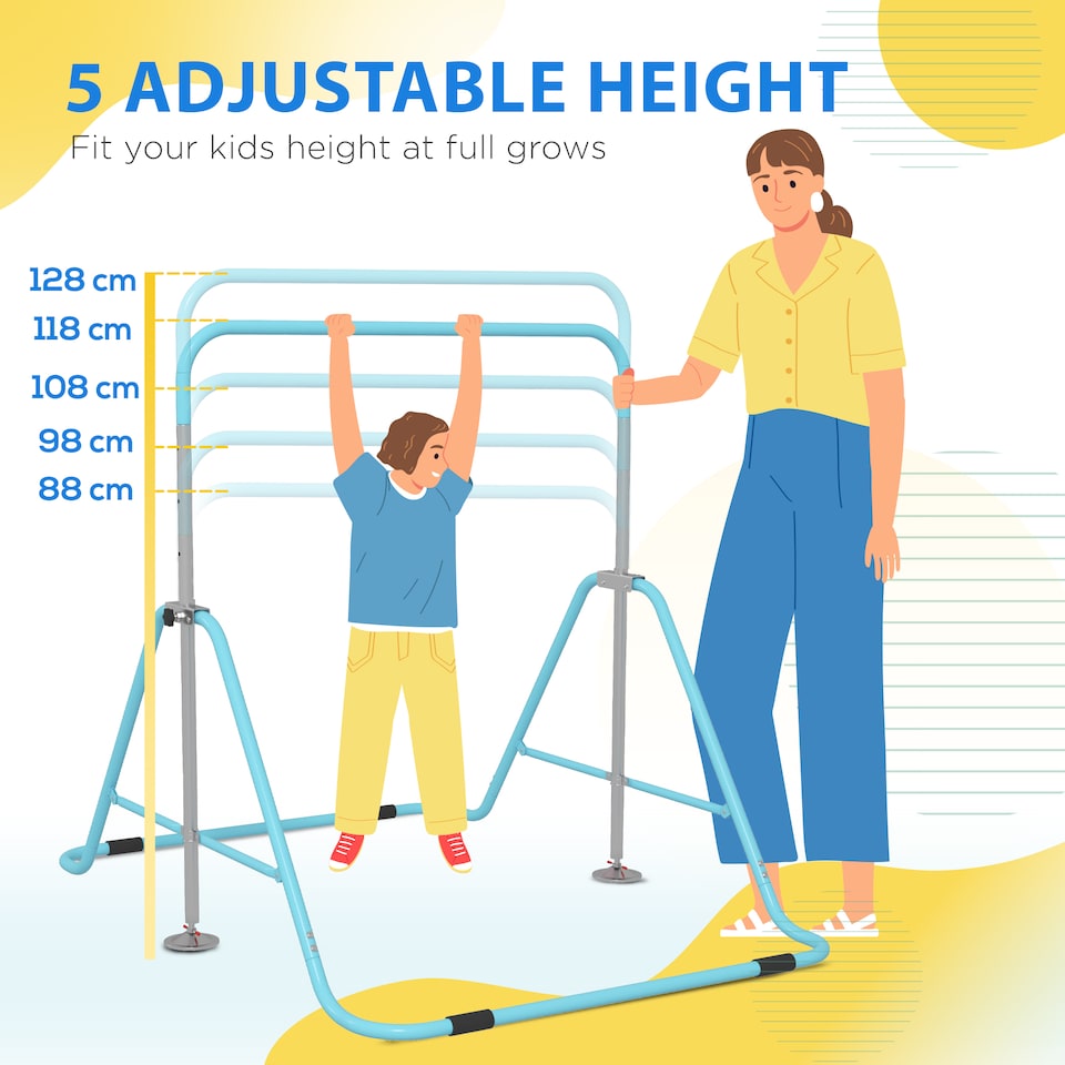 image 1 of HOMCOM Kids Gymnastic Bar w/ Adjustable Height, Foldable Training Bar - Blue | Blue | Sky Blue | 154L x 106.2W x 88.5-128.5H cm